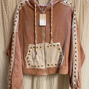 POL Brown and Cream Lace-Trimmed Utility Jacket